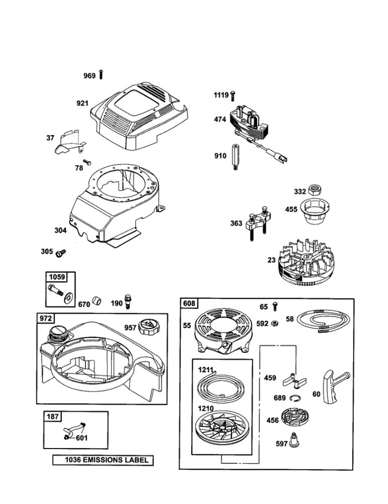 Housing-Blower/Starter-Rewind Diagram and Parts List for 12H807-1905-E1  Briggs and Stratton Engine